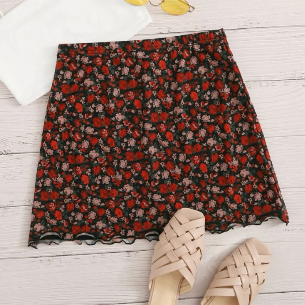 Lettuce Trim Ditsy Floral Print Skirt
